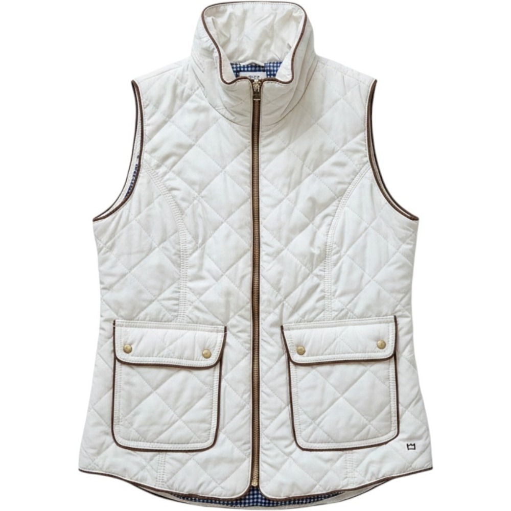 Crown & Ivy Women White Quilted Vest Brown Trim Gingham Lining Size Small